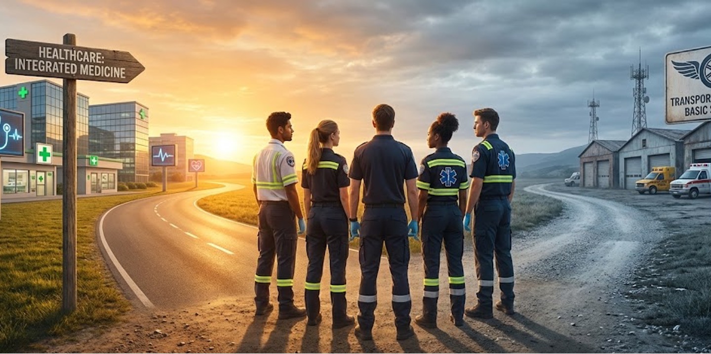 EMS clinicians standing at a fork in the road — one path leads to integrated healthcare medicine, the other to basic transportation services