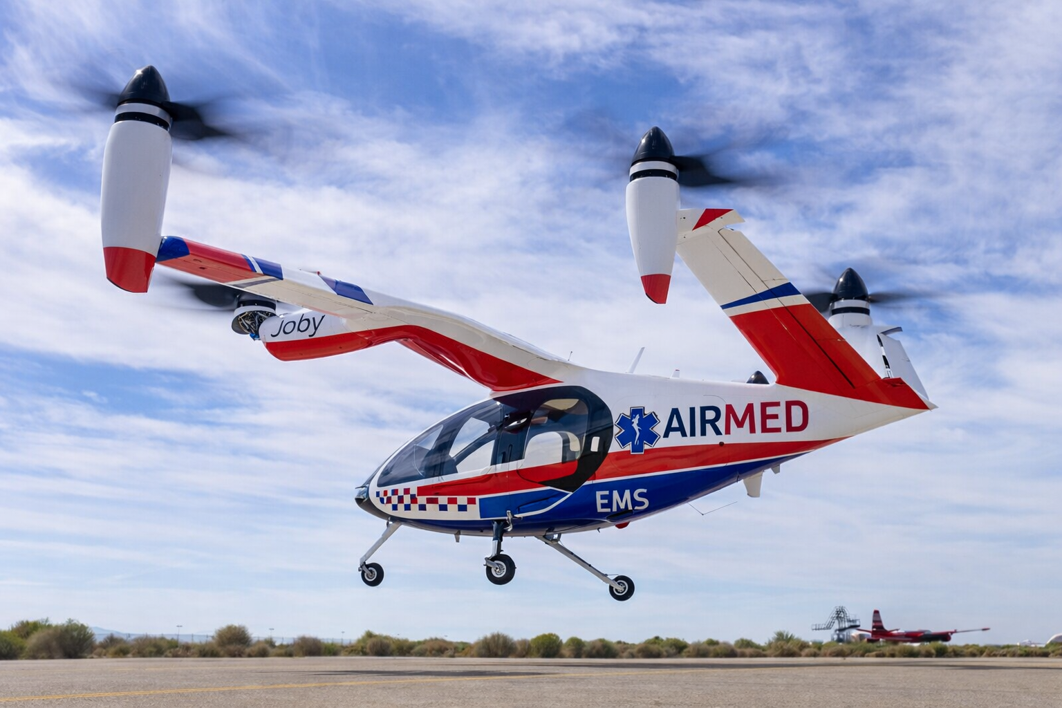 Joby Aviation electric air taxi in AirMed EMS configuration — furthest along FAA certification for commercial eVTOL operations